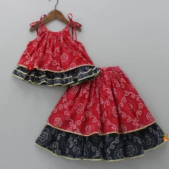 Online Bandhani Printed Red And Black Layered Top With Lehenga Ethnic Wear | Lehengas & Ghagras