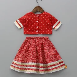 Best Bandhani Printed Red Top With Lehenga And Matching Booties With Head Band Ethnic Wear | Lehengas & Ghagras