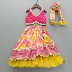 Hot Bandhani Printed Top And Floral Printed Layered Lehenga With Matching Dupatta Ethnic Wear | Lehengas & Ghagras