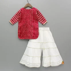 Outlet Bandhani-Printed Pink Kurti With Off-White Sharara And Net Dupatta Ethnic Wear | Palazzos & Shararas