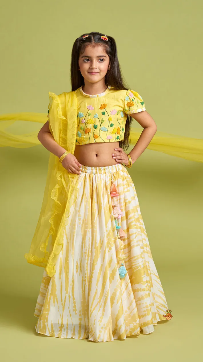 Outlet Beaded Yellow Top And Shibori Printed Lehenga With Ruffle Dupatta Twinning Sets | Ethnic Wear