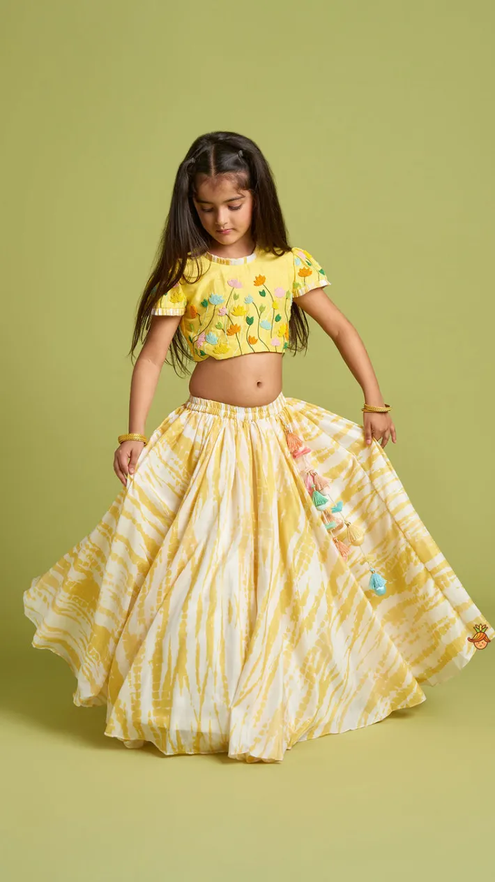 Outlet Beaded Yellow Top And Shibori Printed Lehenga With Ruffle Dupatta Twinning Sets | Ethnic Wear