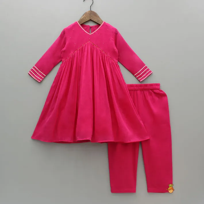 Best Beads Adorned Pink Kurti And Pant With Dupatta Ethnic Wear | Churidars & Salwars