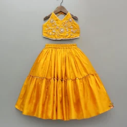 Online Beautiful Halter Neck Embroidered Mustard Top And Lehenga With Net Dupatta Ethnic Wear | Lehengas & Ghagras