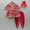 Fashion Beautiful Patola-Printed Angarkha Style Red Kurti And Dhoti With Dupatta Twinning Sets | Ethnic Wear