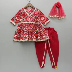 Fashion Beautiful Patola-Printed Angarkha Style Red Kurti And Dhoti With Dupatta Twinning Sets | Ethnic Wear