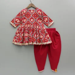 Fashion Beautiful Patola-Printed Angarkha Style Red Kurti And Dhoti With Dupatta Twinning Sets | Ethnic Wear