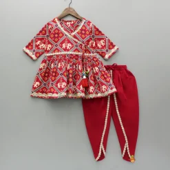 Fashion Beautiful Patola-Printed Angarkha Style Red Kurti And Dhoti With Dupatta Twinning Sets | Ethnic Wear
