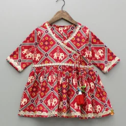 Fashion Beautiful Patola-Printed Angarkha Style Red Kurti And Dhoti With Dupatta Twinning Sets | Ethnic Wear