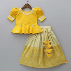 Online Beautiful Zari Floral Work And Puff Sleeves Peplum Top With Banarasi Brocade Embroidered Lehenga Twinning Sets | Ethnic Wear