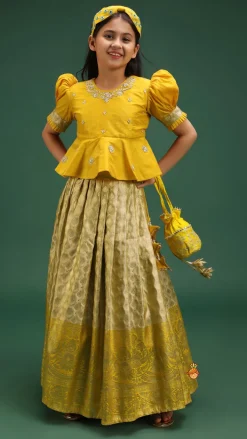 Sale Beautiful Zari Floral Work And Puff Sleeves Peplum Top With Banarasi Brocade Embroidered Lehenga Ethnic Wear | Lehengas & Ghagras