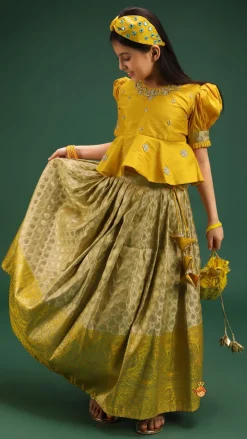 Sale Beautiful Zari Floral Work And Puff Sleeves Peplum Top With Banarasi Brocade Embroidered Lehenga Ethnic Wear | Lehengas & Ghagras