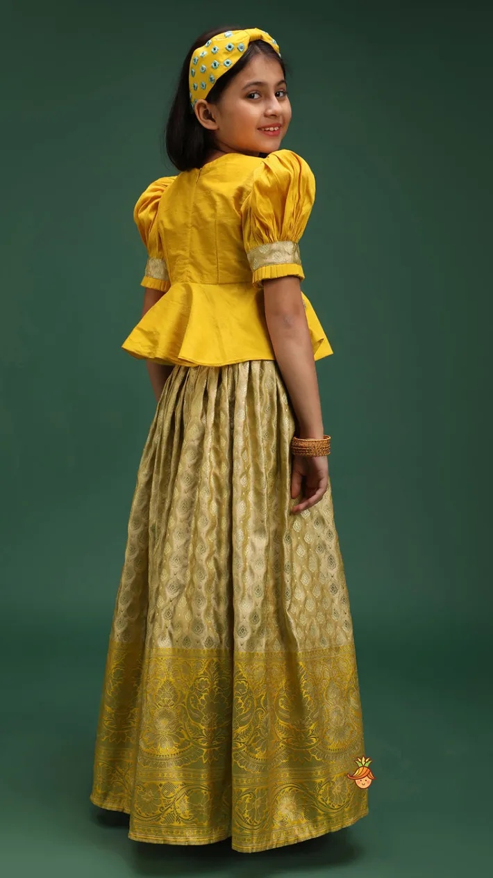 Sale Beautiful Zari Floral Work And Puff Sleeves Peplum Top With Banarasi Brocade Embroidered Lehenga Ethnic Wear | Lehengas & Ghagras
