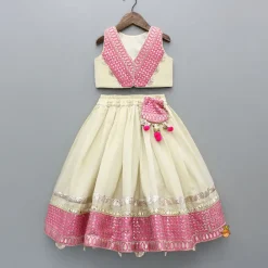 Clearance Beige Embroidered Top And Lehenga With Pouch Ethnic Wear | Lehengas & Ghagras