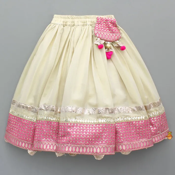 Clearance Beige Embroidered Top And Lehenga With Pouch Ethnic Wear | Lehengas & Ghagras
