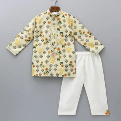Clearance Beige Floral Printed Kurta With Pyjama BOY Indian Ethnic Wear | Ethnic Sets