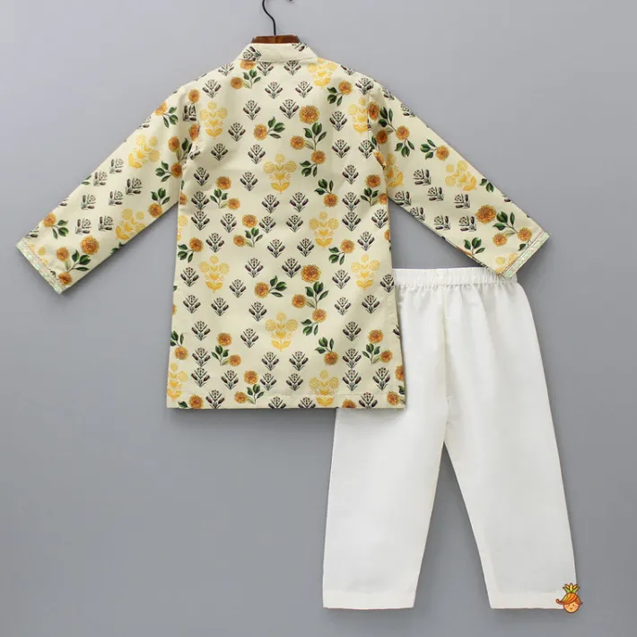 Clearance Beige Floral Printed Kurta With Pyjama BOY Indian Ethnic Wear | Ethnic Sets