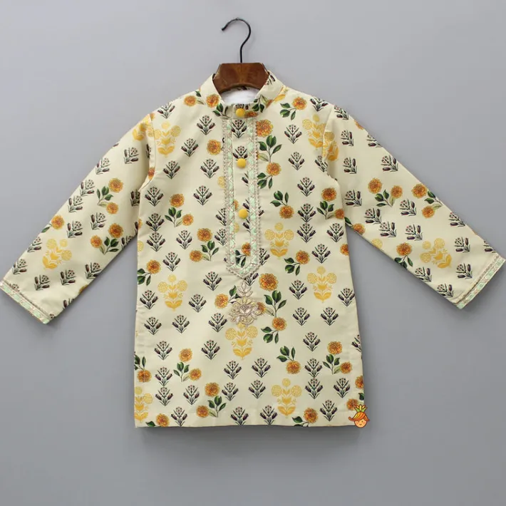 Clearance Beige Floral Printed Kurta With Pyjama BOY Indian Ethnic Wear | Ethnic Sets