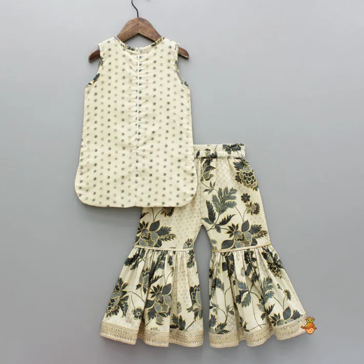 Outlet Beige Gota Lace Detailed Printed Kurti And Sharara Ethnic Wear | Palazzos & Shararas