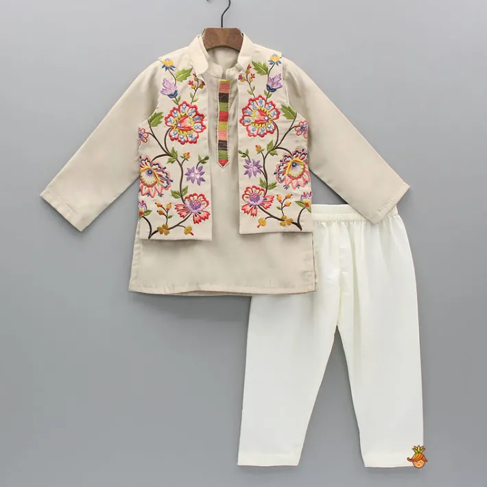 Fashion Beige Kurta And Embroidered Front Open Jacket With Pyjama BOY Indian Ethnic Wear | Ethnic Sets