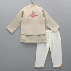 Fashion Beige Kurta And Embroidered Front Open Jacket With Pyjama BOY Indian Ethnic Wear | Ethnic Sets