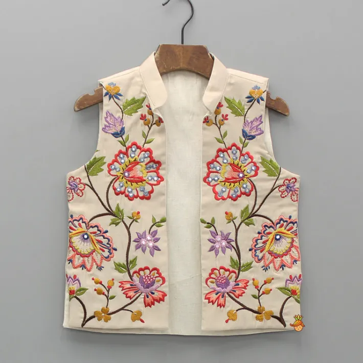 Fashion Beige Kurta And Embroidered Front Open Jacket With Pyjama BOY Indian Ethnic Wear | Ethnic Sets
