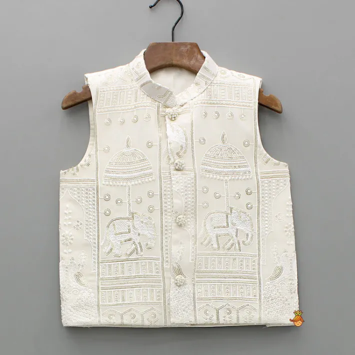 New Beige Kurta With Embroidered Jacket And Pant BOY Indian Ethnic Wear | Ethnic Sets