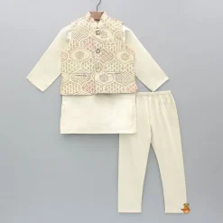 Outlet Beige Kurta With Multicolour Embroidered Jacket And Pyjama BOY Indian Ethnic Wear | Ethnic Sets
