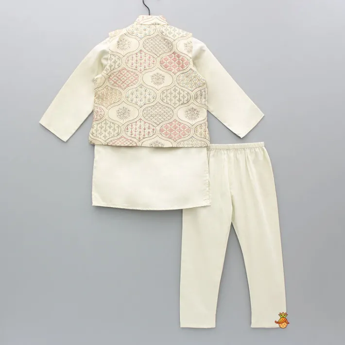 Outlet Beige Kurta With Multicolour Embroidered Jacket And Pyjama BOY Indian Ethnic Wear | Ethnic Sets