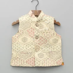 Outlet Beige Kurta With Multicolour Embroidered Jacket And Pyjama BOY Indian Ethnic Wear | Ethnic Sets
