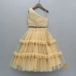 Hot Beige Lace Work One Shoulder Top And Ruffle Lehenga Ethnic Wear | Lehengas & Ghagras