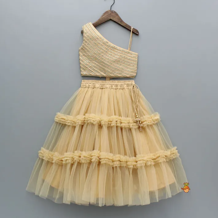 Hot Beige Lace Work One Shoulder Top And Ruffle Lehenga Ethnic Wear | Lehengas & Ghagras