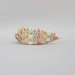 Sale Beige Multicolour Faux Mirror Embroidered Hairband Hair Accessories | Hair Bands