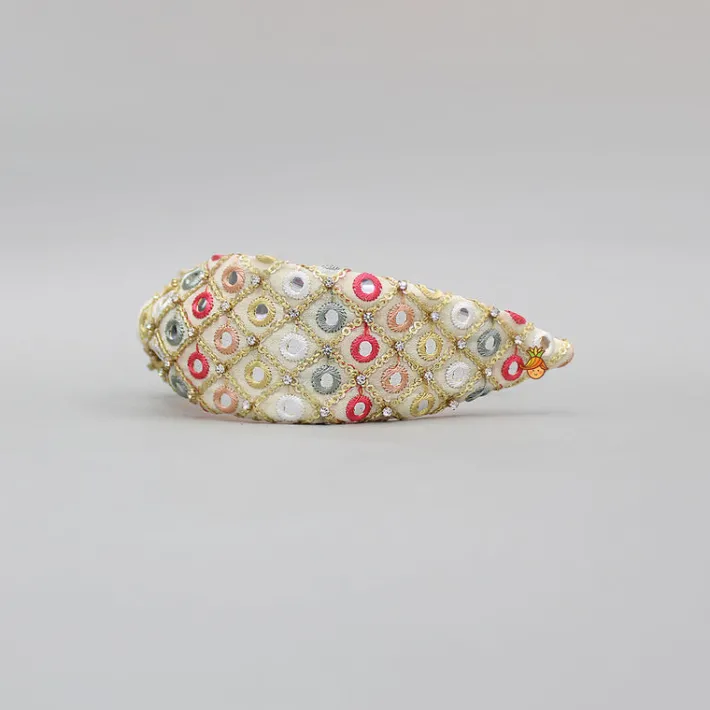 Sale Beige Multicolour Faux Mirror Embroidered Hairband Hair Accessories | Hair Bands