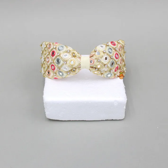 Sale Beige Multicolour Faux Mirror Embroidered Hairband Hair Accessories | Hair Bands