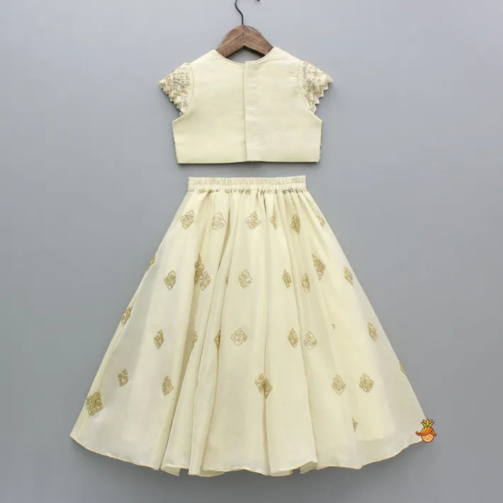 New Beige Shimmery Sequin Embroidered Top With Flared Lehenga And Matching Dupatta Ethnic Wear | Lehengas & Ghagras