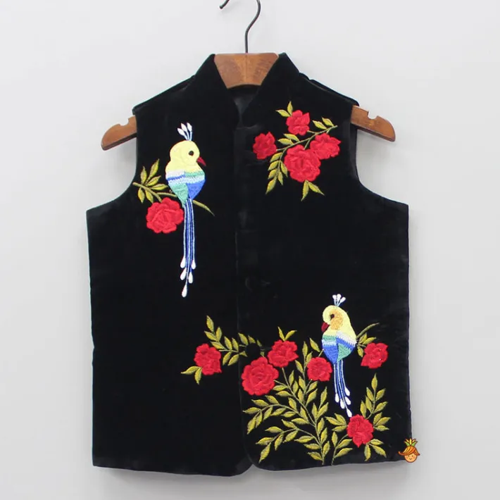 Discount Bird And Floral Embroidered Velvet Jacket BOY Indian Ethnic Wear | Ethnic Jackets