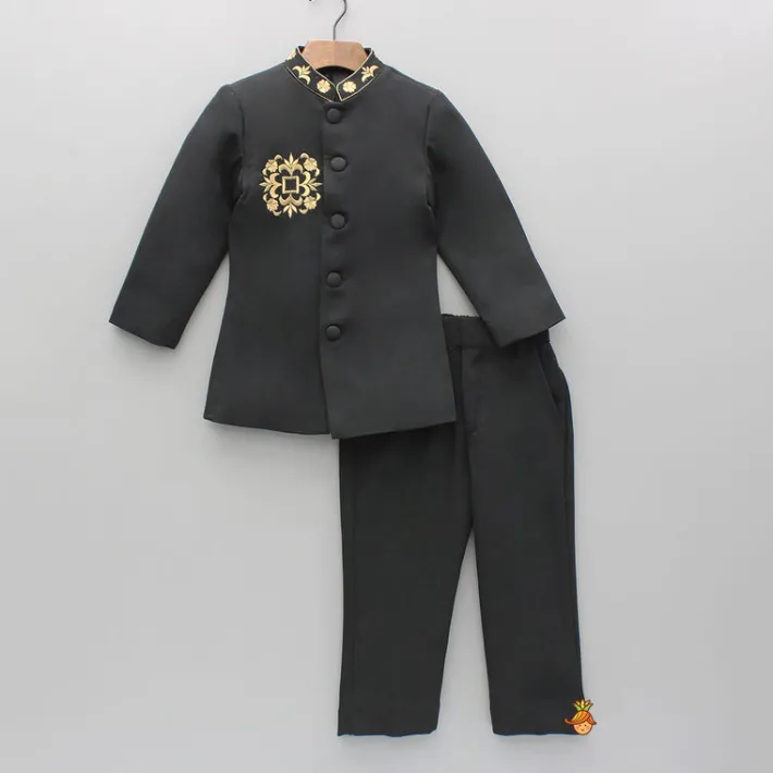 Outlet Black Embroidered Sherwani And Pant BOY Indian Ethnic Wear | Sherwani Sets