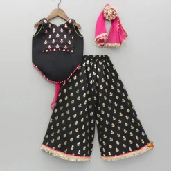 New Black Chanderi Embroidered Top And Palazzo With Dupatta Ethnic Wear | Palazzos & Shararas