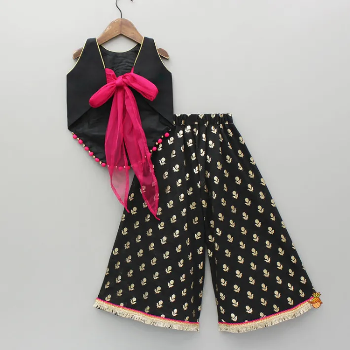 New Black Chanderi Embroidered Top And Palazzo With Dupatta Ethnic Wear | Palazzos & Shararas