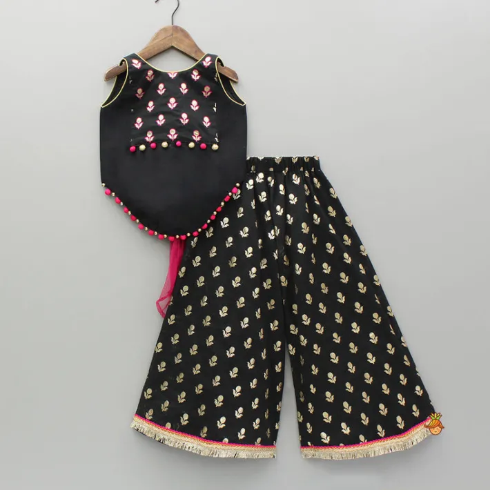 New Black Chanderi Embroidered Top And Palazzo With Dupatta Ethnic Wear | Palazzos & Shararas