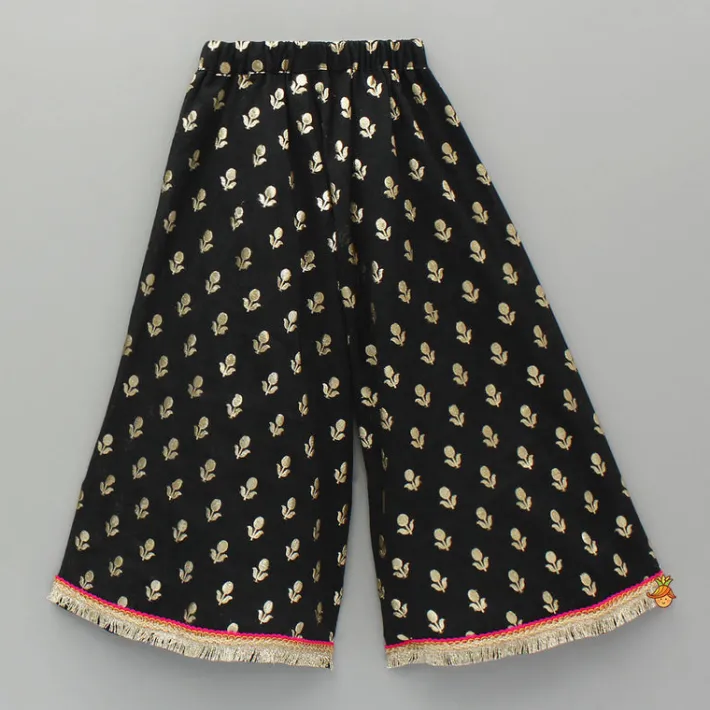 New Black Chanderi Embroidered Top And Palazzo With Dupatta Ethnic Wear | Palazzos & Shararas