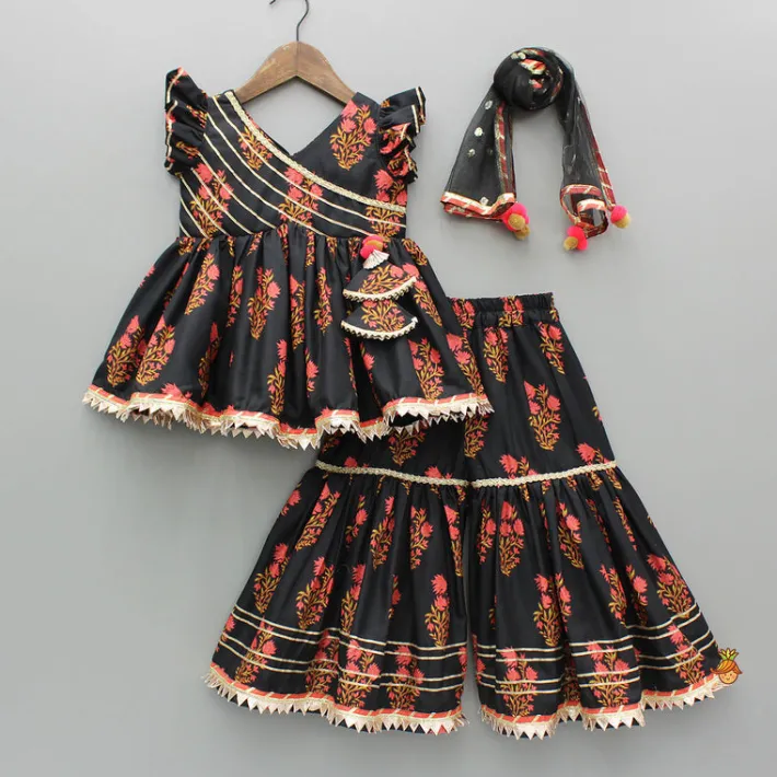 Best Black Cotton Floral Printed Kurti And Sharara With Net Dupatta Ethnic Wear | Palazzos & Shararas