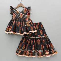 Best Black Cotton Floral Printed Kurti And Sharara With Net Dupatta Ethnic Wear | Palazzos & Shararas