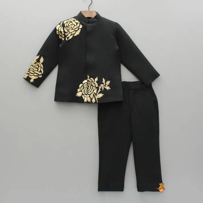 Sale Black Embroidered Applique Work Sherwani And Pant BOY Indian Ethnic Wear | Sherwani Sets