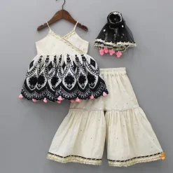 Fashion Black Embroidered Faux Mirror Work Strappy Kurti And Sharara With Net Dupatta Ethnic Wear | Palazzos & Shararas