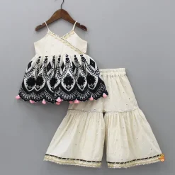 Fashion Black Embroidered Faux Mirror Work Strappy Kurti And Sharara With Net Dupatta Ethnic Wear | Palazzos & Shararas