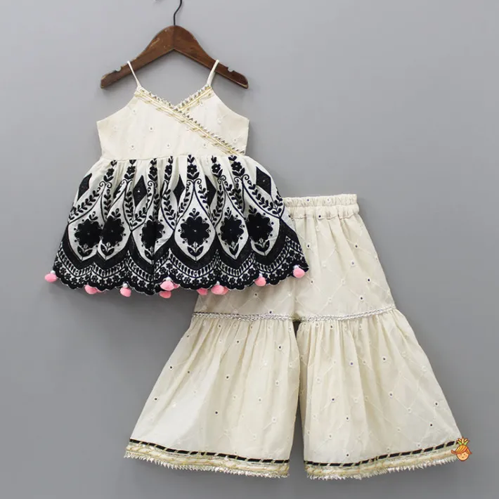 Fashion Black Embroidered Faux Mirror Work Strappy Kurti And Sharara With Net Dupatta Ethnic Wear | Palazzos & Shararas