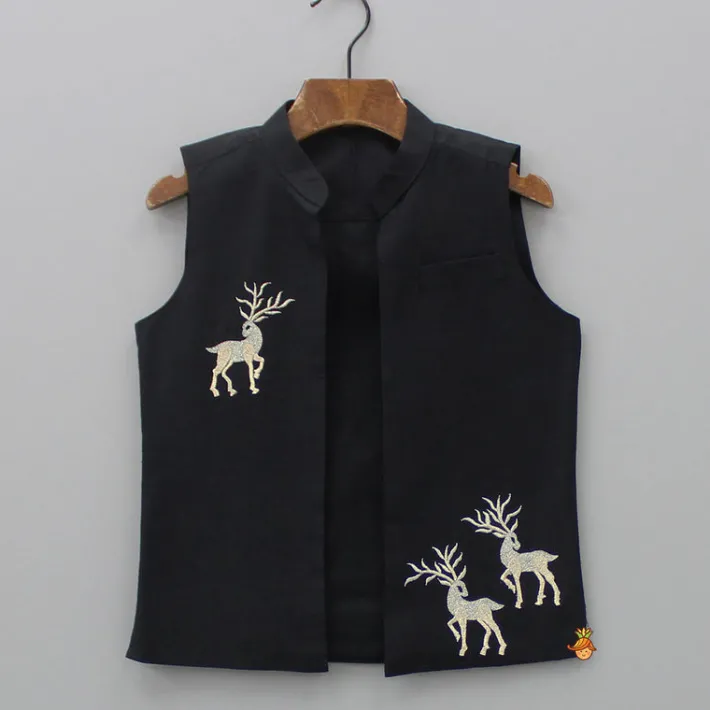 New Black Embroidered Kurta With Jacket And Pyjama BOY Indian Ethnic Wear | Ethnic Sets