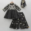 Outlet Black Embroidered Pleats Detailed Kurti And Sharara With Dupatta Twinning Sets | Ethnic Wear